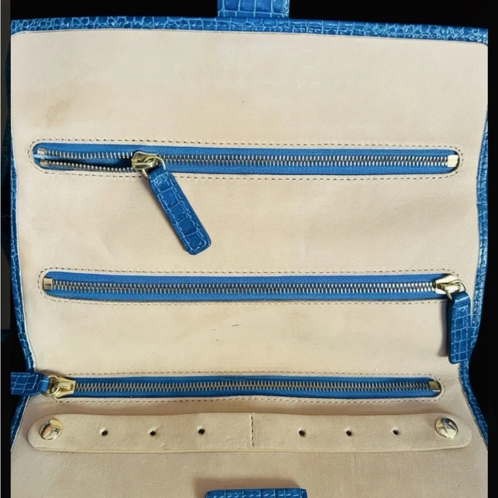 Smythson Turquoise Croc Embossed Jewelry Roll Travel Pouch Case Folio Clutch - Picture 6 of 10